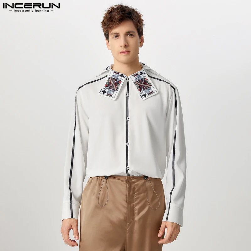 INCERUN Poker Decoration Splicing Shirts Fashion Men Long Sleeve Blouses Fashion Handsome Simple Commuting Loose Male Chemise