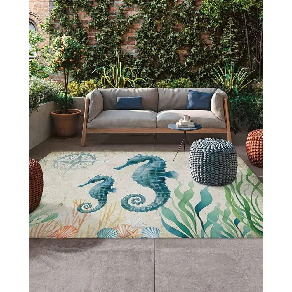 

Nautical-Inspired Outdoor Rug with Seahorse, Seaweed, and Compass Design for Patio, Deck, and Porch