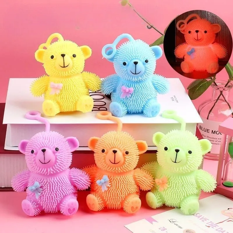 12-24PCS Squeeze Toy Glow Bear Fuzzy Elastic Stress Relief Ball Bow Design Squishy Toy for Kids Adults Home Office Party Gift