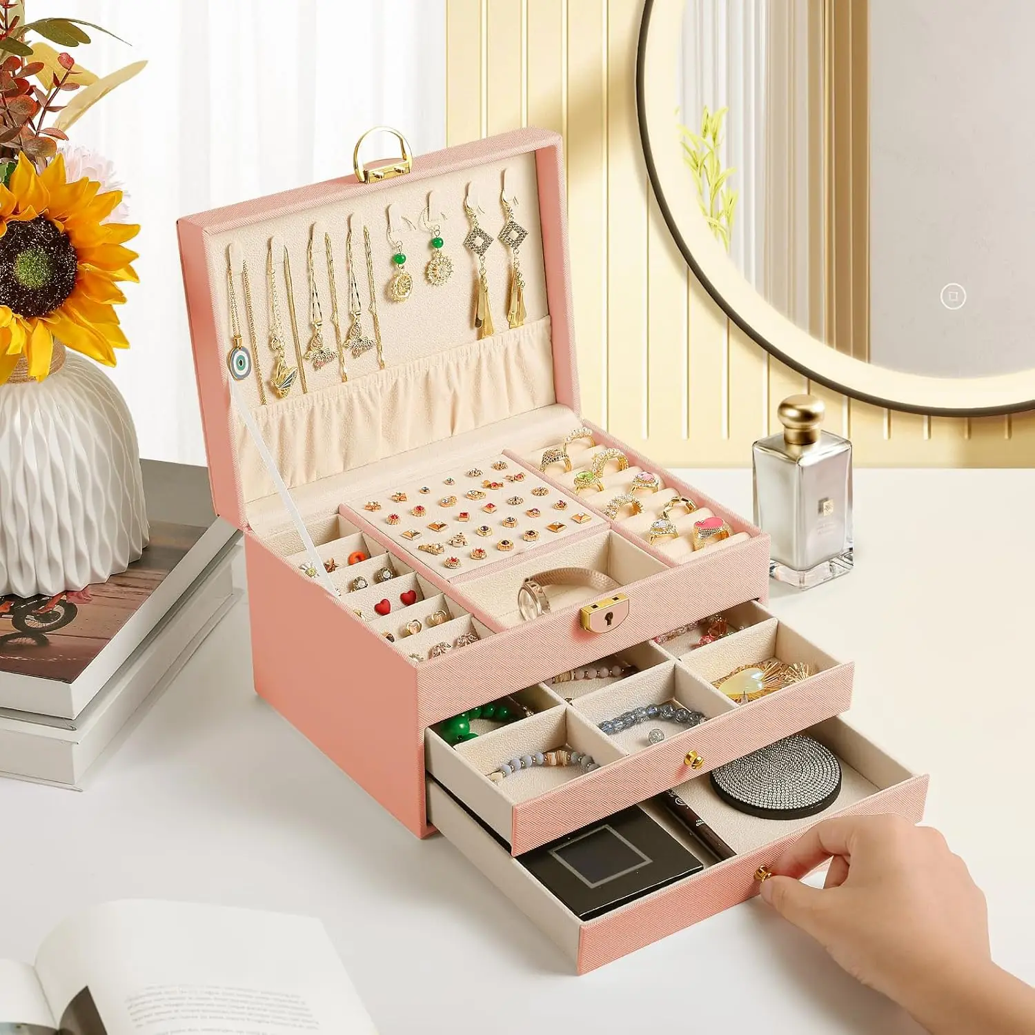 3 Layer Jewelry Box, Jewelry Holder with Lockable Drawer, Large Jewelry Boxes & Organizer with Velvet Earring Holder, Gi