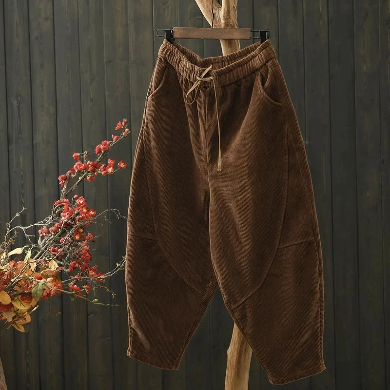 Autumn Winter Female Casual Loose Corduroy Pant Ladies Elastic Waist Corduroy Trousers Women Large Size 4XL Warm Pantalons