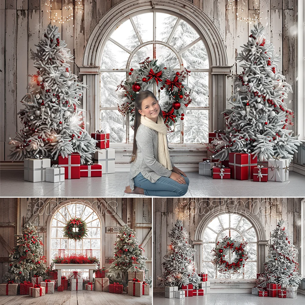 Christmas Backdrop Arched Window Christmas Tree Presents Wreath Silver Ribbon Wooden Wall Grey Background Photo Studio Photocall