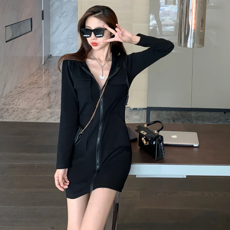 Spring Autumn Solid Color Hooded Slim Fit Dresses Women Elegant Sexy Long Sleeved Cardigan Short Frocks Casual Sports Vestidos