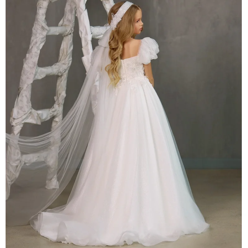 White Flower Girl Dresses Tulle Appliques With Tailing Short Sleeves For Wedding Birthday Party First Communion Gown