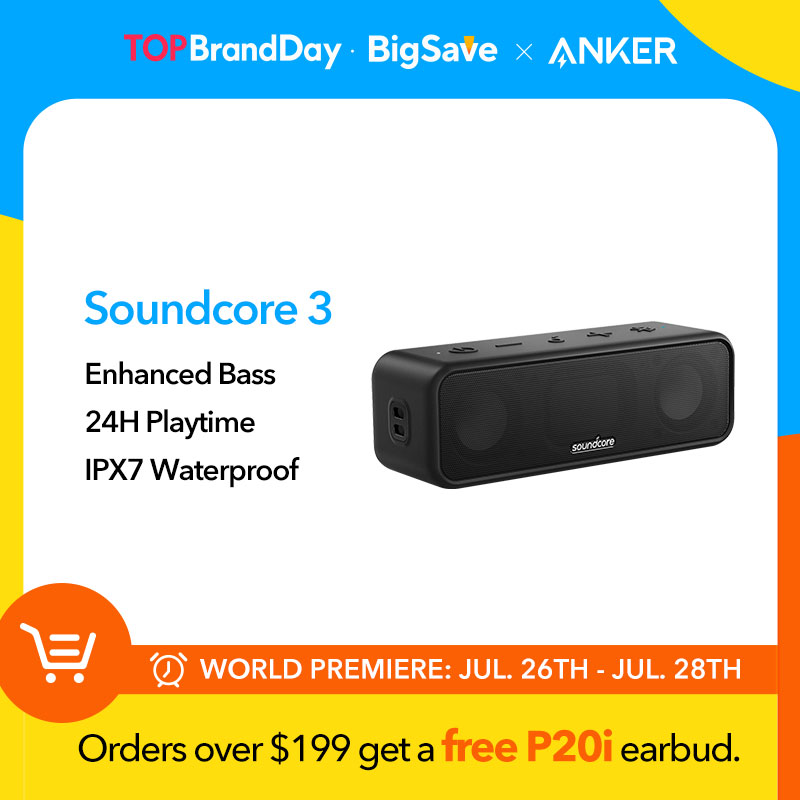  Soundcore 3 Bluetooth Speaker with Stereo Sound, Pure Titanium Diaphragm Drivers, PartyCast Technology, BassUp, 24H Playtime 