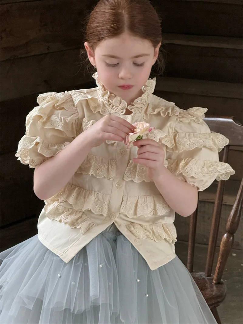 Girls Shirt 2026 Spring and Summer New Childrens Clothing Korean Girl Baby Retro Lovely Lotus Lace Splicing Short-sleeved Shirt