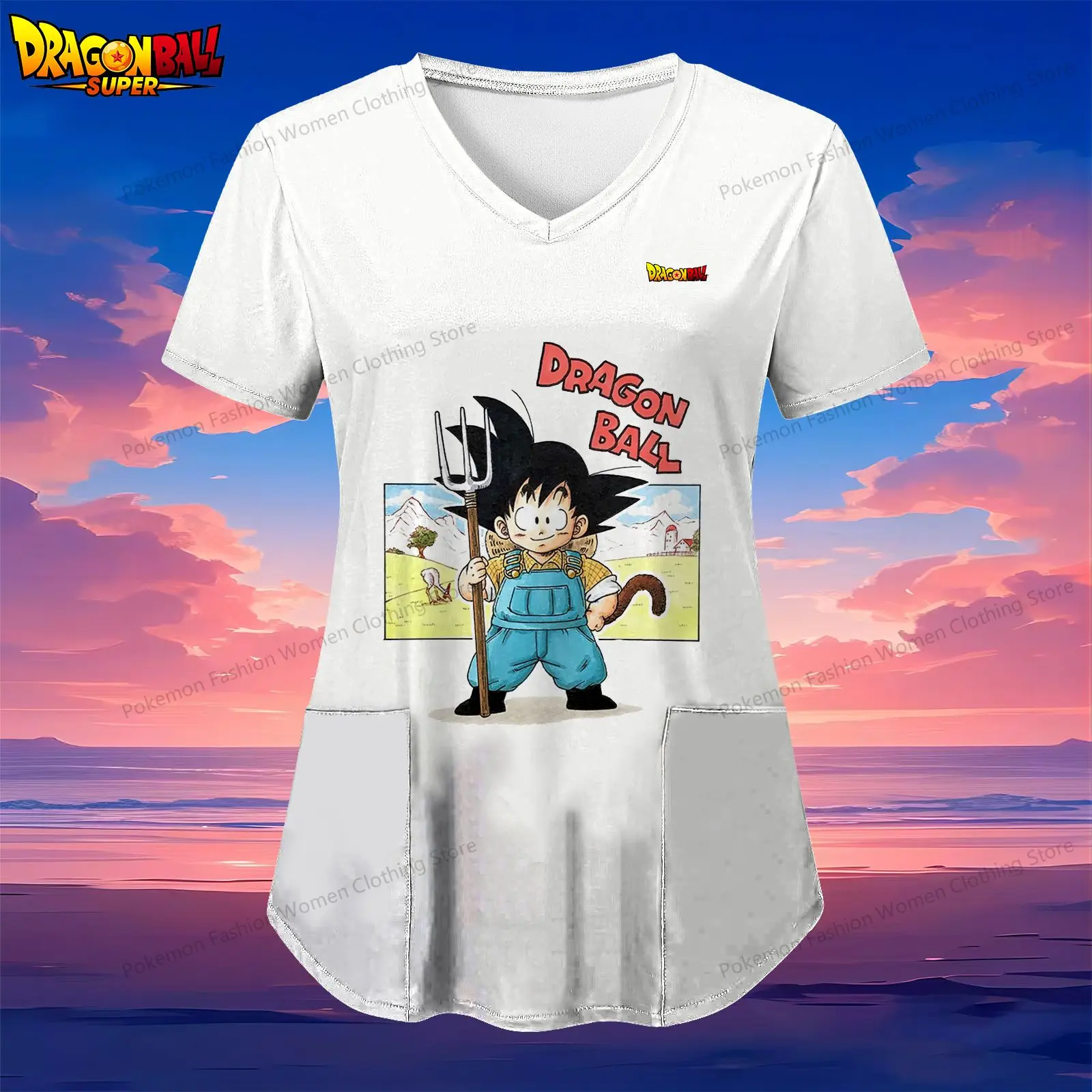 Kakarotto Pocket Women's V Neck Nurse Uniform T-Shirt Dragon Ball Summer Clothes 2024 Anime Street Wear S-2XL Odzież damska Y2k