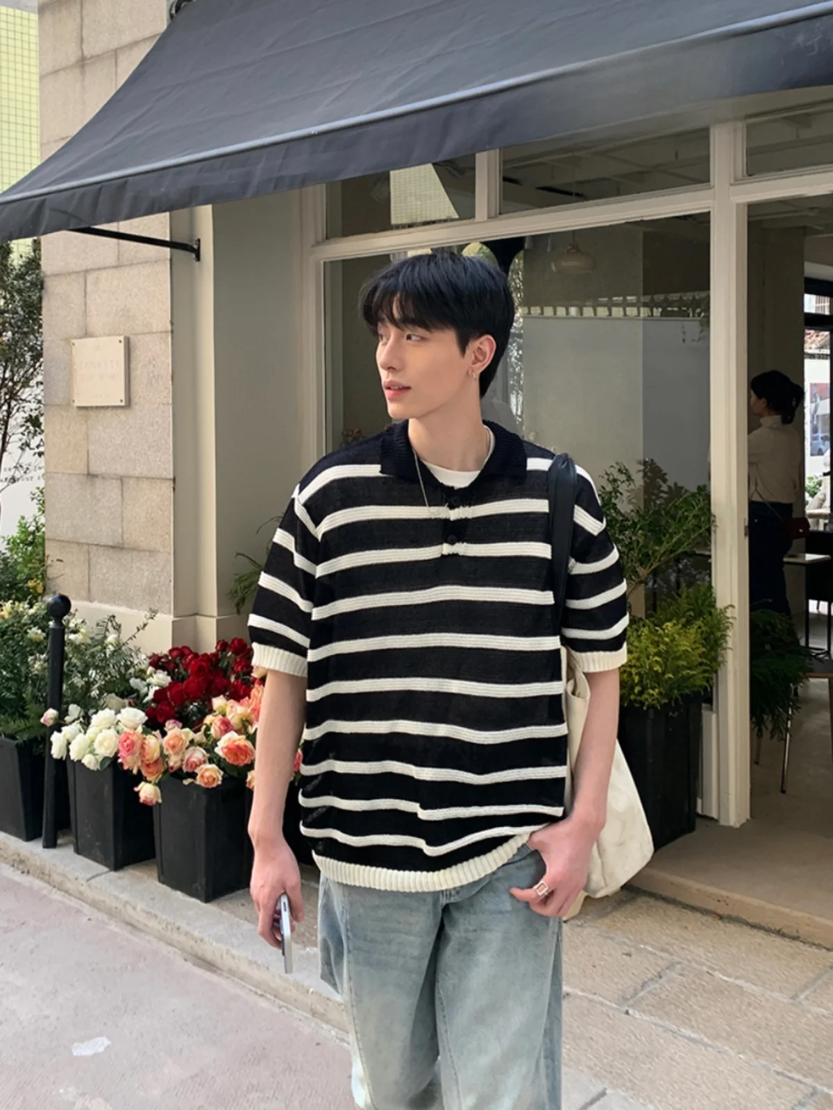 

Spring Summer New Sle Men's Loose Fit ort Sve Knitwear Turn-down Collar Color Blo Design Versatile Casual Top