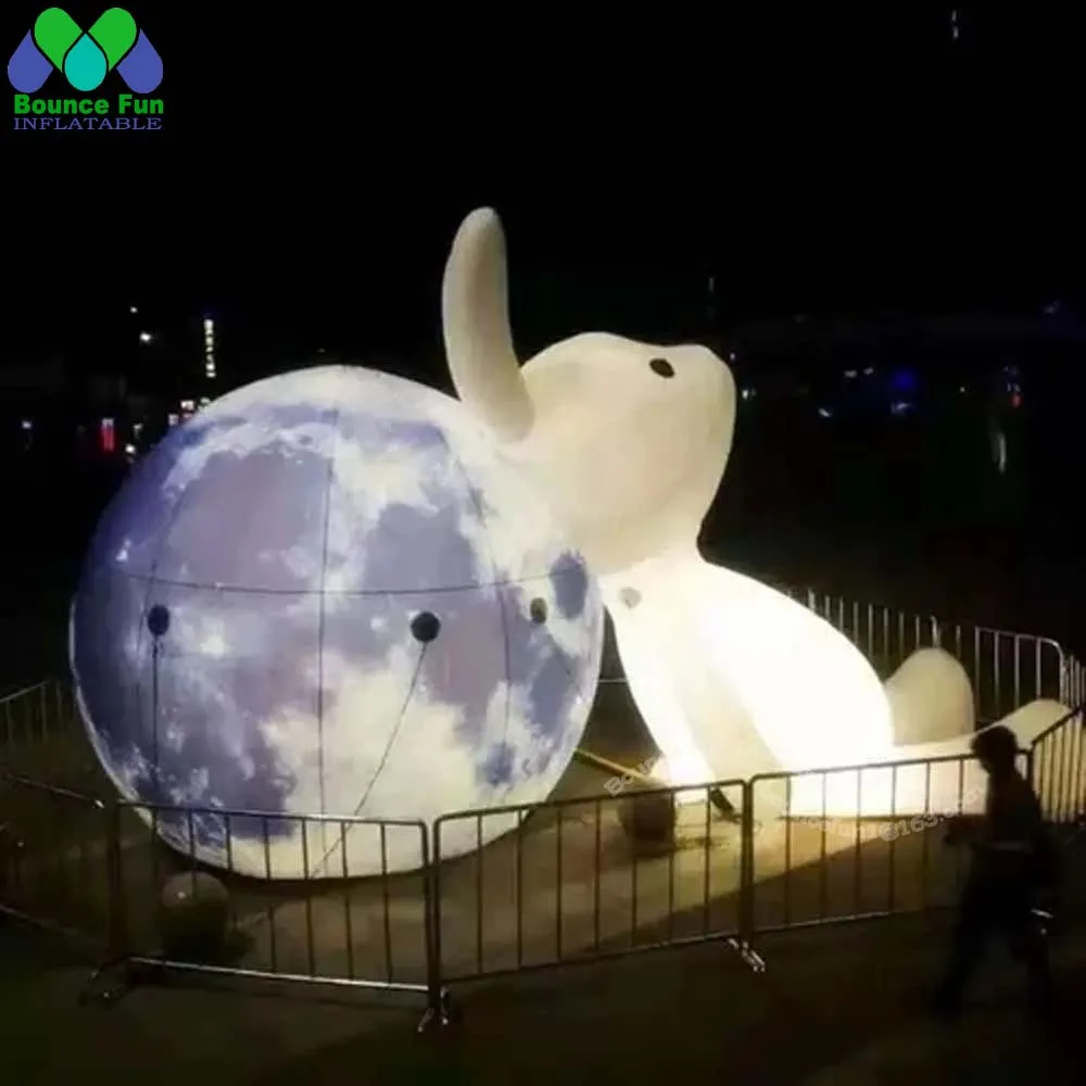 Conejo inflable tumbado blanco con bola de Luna y luces LED, globo gigante de conejo de Pascua para decoración de Festival de medio otoño