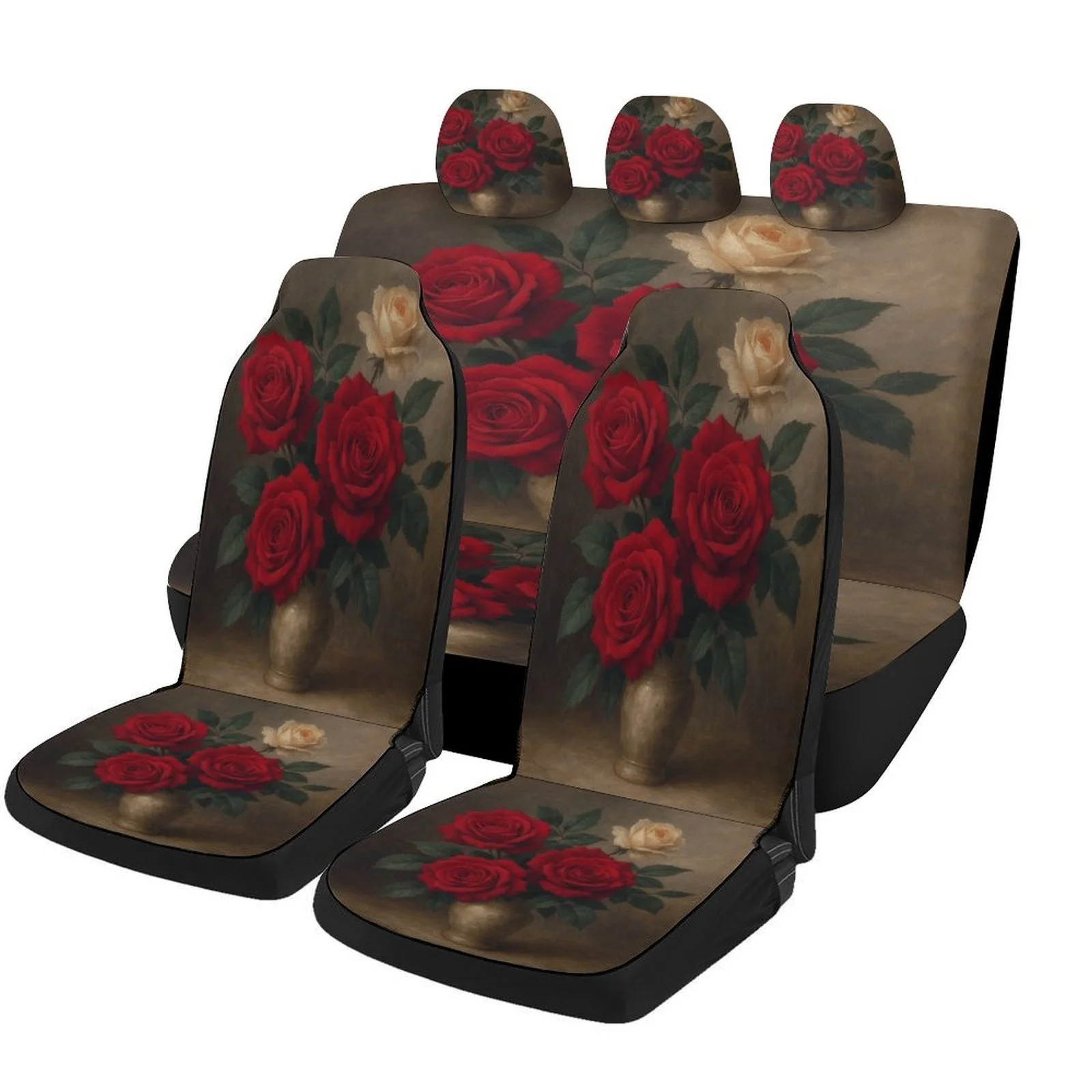 

Luxury Red Rose & Black Floral Car Seat Covers Set - Fit For Most Cars, Full Set With Front & Rear Seats, Elegant Burgundy/Beige
