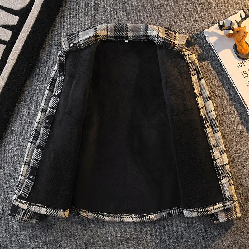 Men's Plaid Flannel Shirt Thickened Fleece Lined Casual Woolen Jacket Autumn Winter Warm Outerwear Youth Fashion Classic Style
