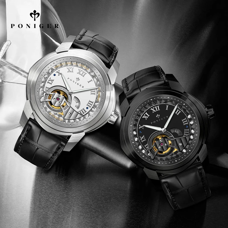 PONIGER 45mm Orologio da uomo 5ATM Impermeabile Scheletro Design meccanico Lancette luminose Orologio automatico da uomo