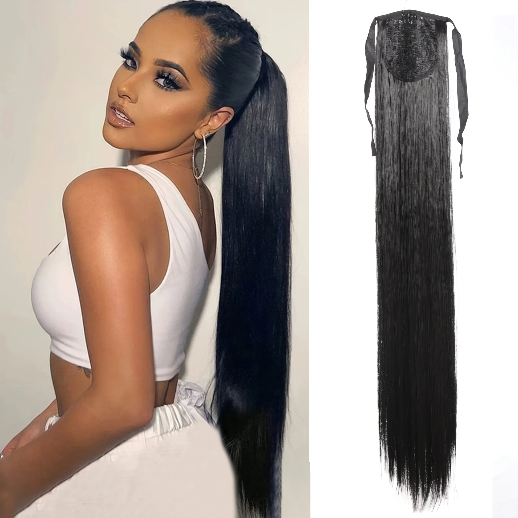 Long Straight Synthetic Ponytail Hair Extension For Women - High-Temperature Resistant, Versatile Tie-In Hair Piece