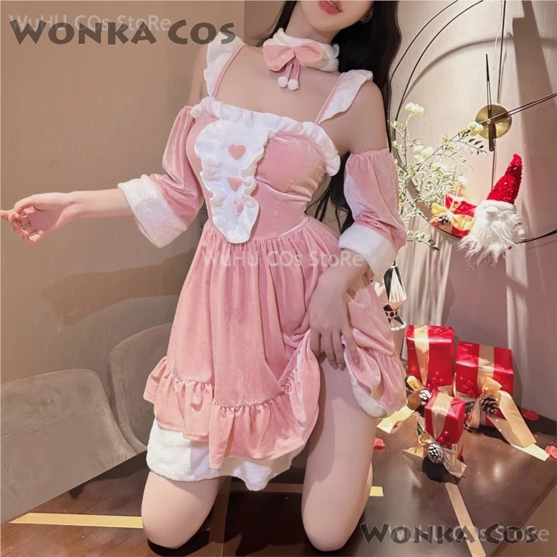 여성용 크리스마스 코스프레 코스튬 세트, 산타 벨벳 토끼 소녀 란제리, 크리스마스 할로윈 파티 코스프레 원피스, 멋진 세트, 2024