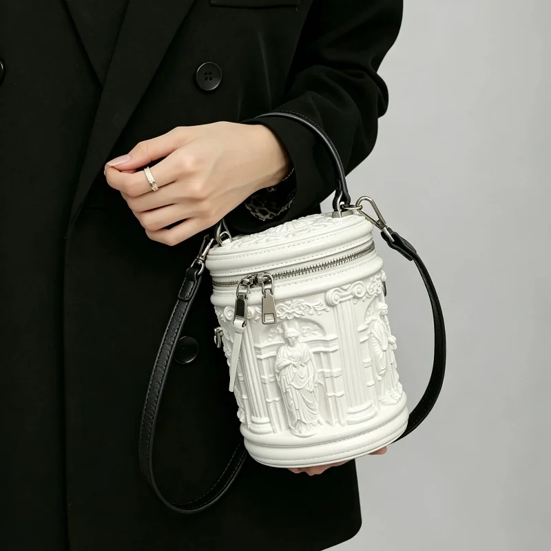 Vintage 3d Sculpture Bucket Bag European Luxury Retro Niche Relief Handbag Zippered Cylinder Crossbody Bag Women's Lunchbox Bag