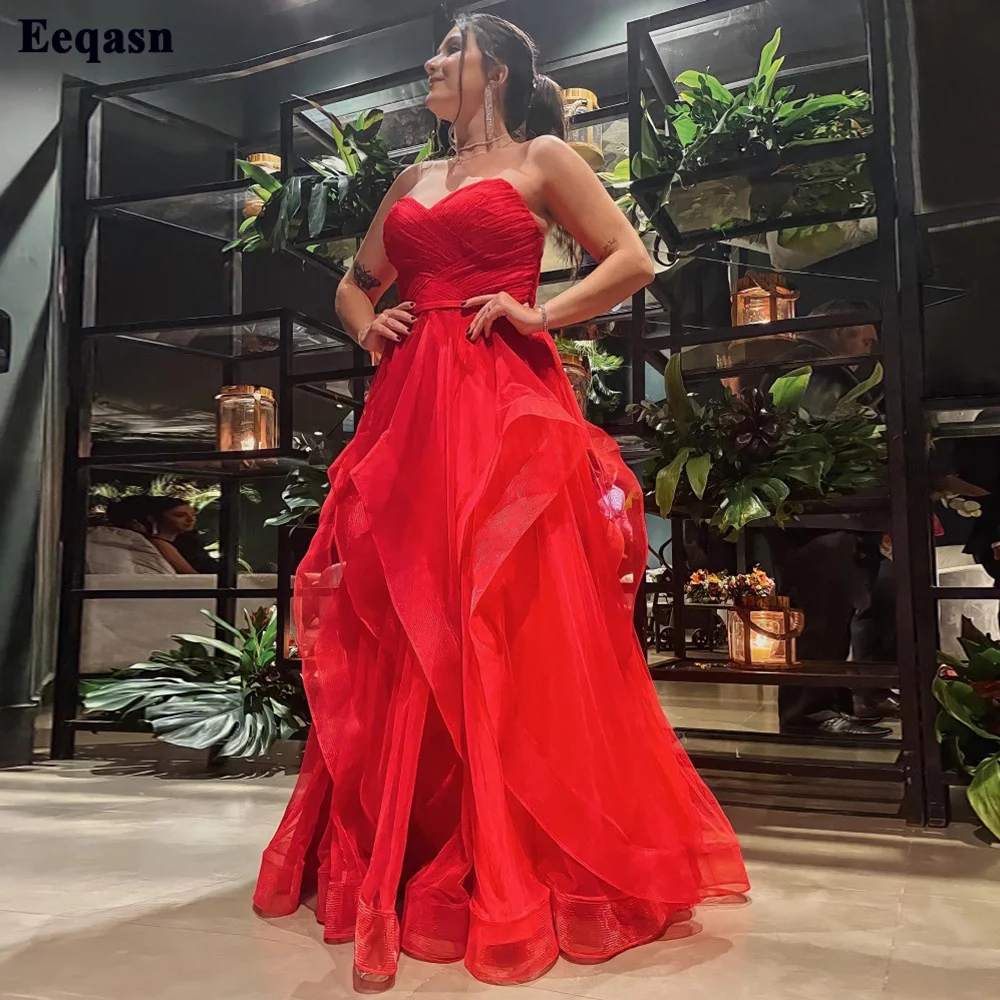 

Eeqasn Red Ruffels Tulle Formal Party Gowns Sweetheart Pleats Evening Dress Bridesmaid Gowns for Wedding Women Pageant Dress