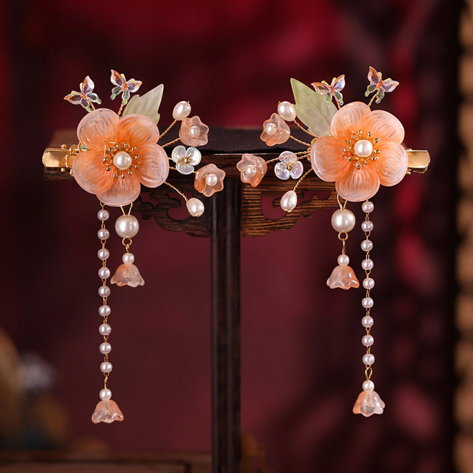 

2PCS Chinese Style Hairclips Fairy Flower Hairpins Pendant Fringe Jewelry Pearl Beads Tassel Headpiece for Women Girls Gifts