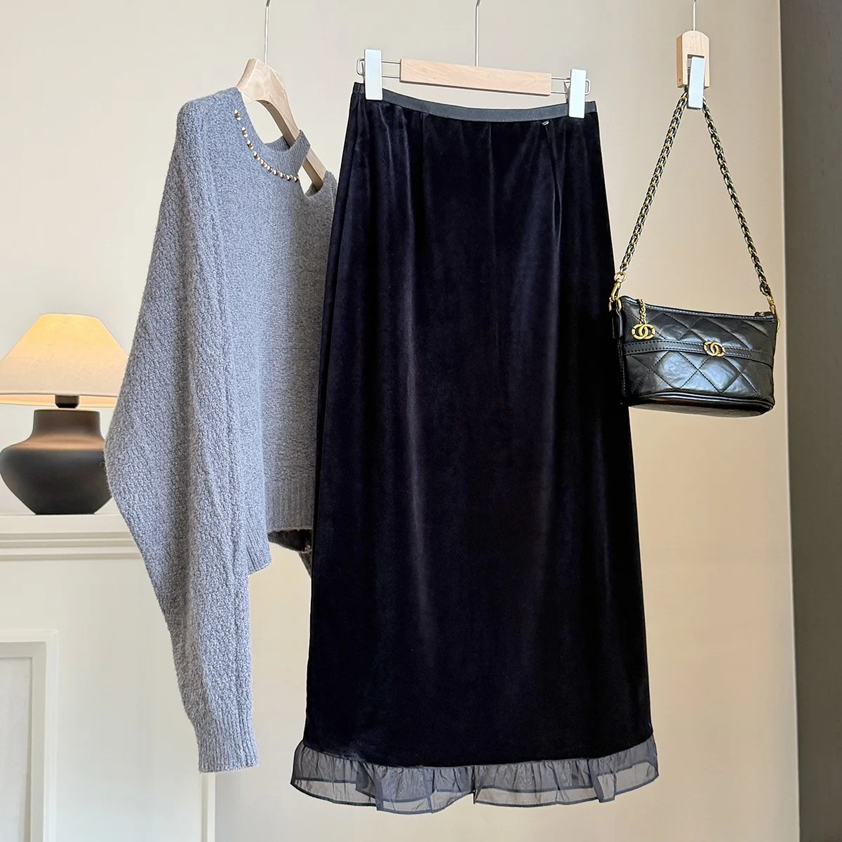 Autumn and Winter New Mesh Splicing Gold Velvet Skirt Women's Elastic High Waist Split Fork Hip Straight Long Skirt