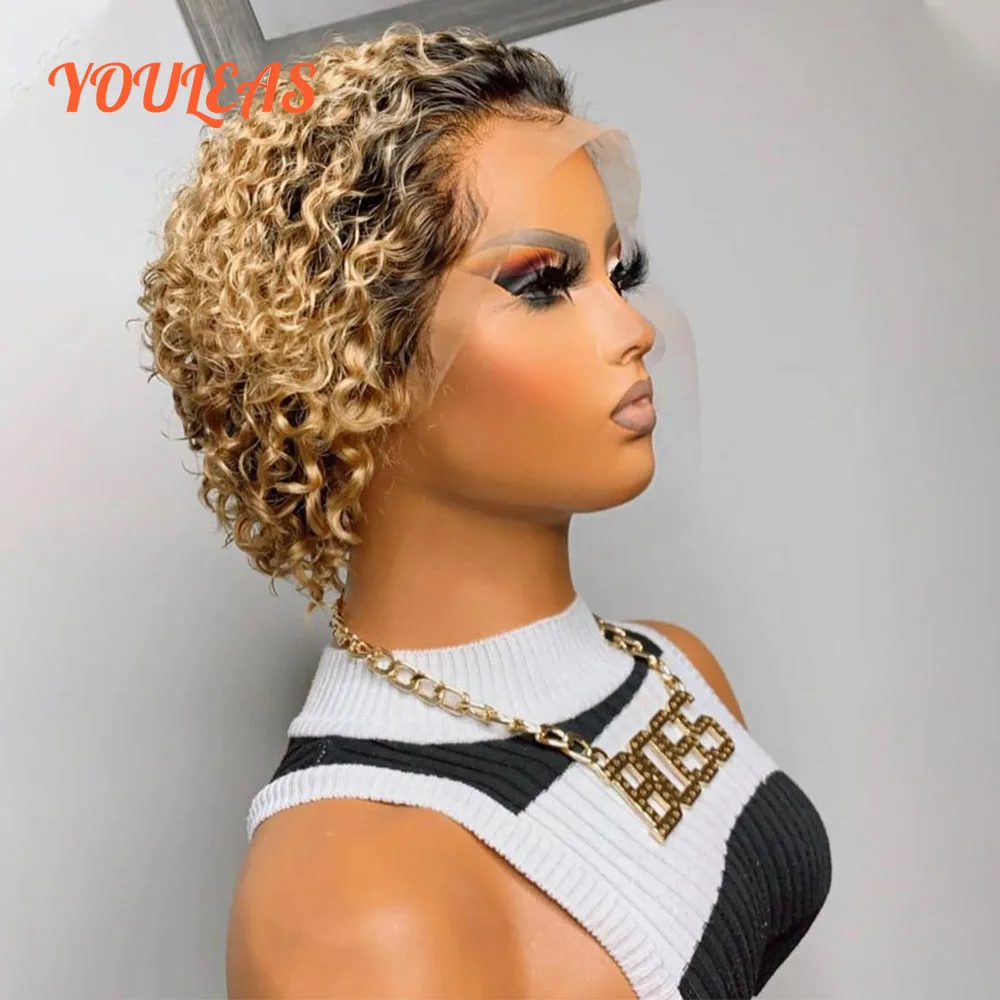 

Pixie Cut Short Bob Honey Blonde Ombre 1b 27 Colored Wig Curly Burgundy 13x4 Transparent Lace Front Human Hair Glueless Wigs