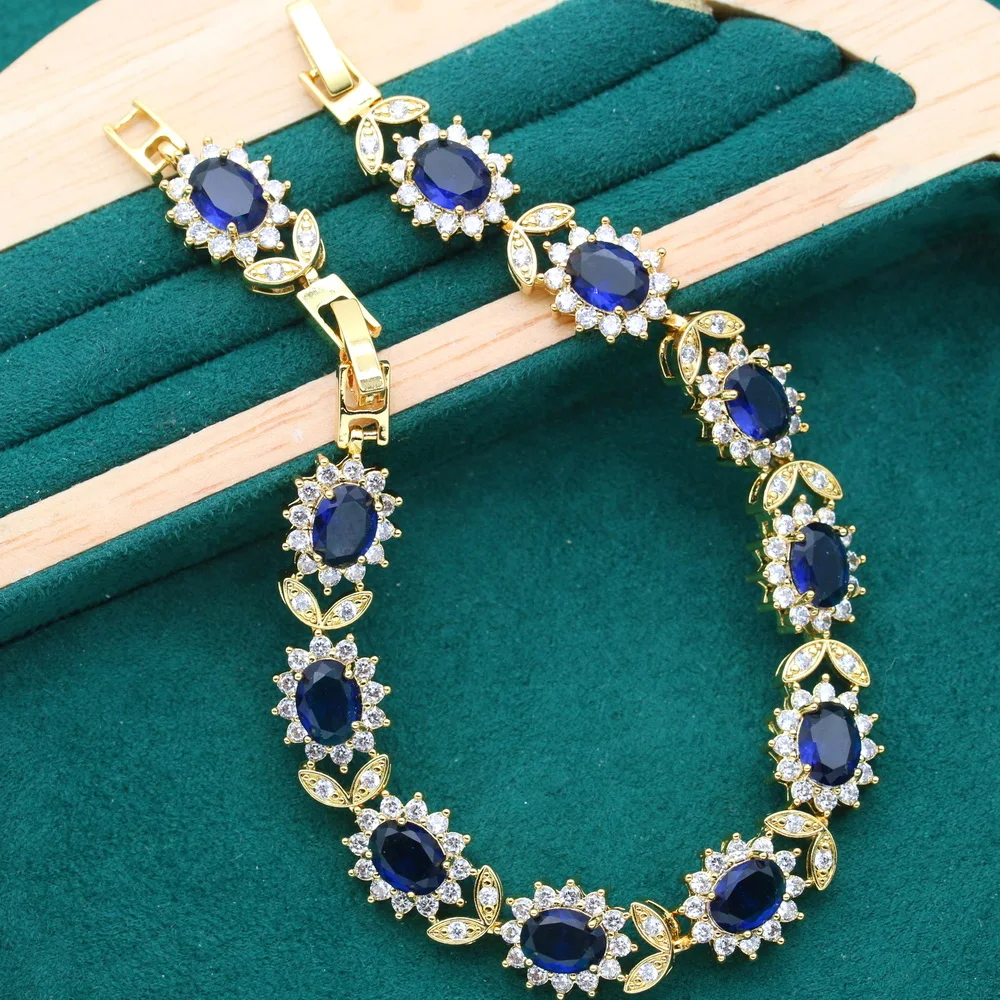 Exquisite Gold Color Jewelry Sets for Women Wedding Blue Zircon Bracelet Long Earrings Necklace Pendant Ring Holiday Gift