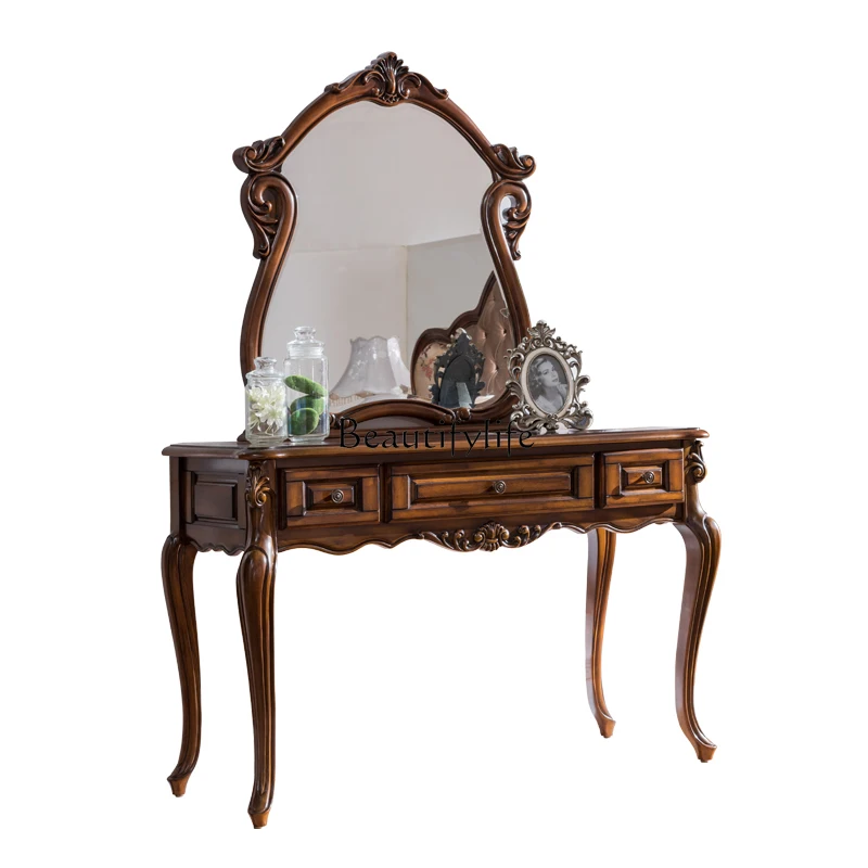 

American-style Dressing Table All Solid Wood European-style Small Apartment retro Bedroom Makeup Table