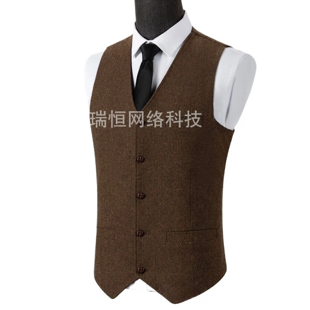 

Classic V-Neck Men's Suits Vest Casual Formal Business Herringbone Wool Tweed Slim Sleeveless Waistcoat Wedding Groomsmen Vests