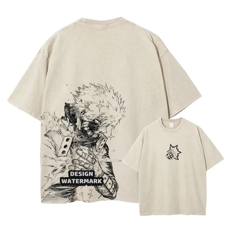 Anime Bakugou Katsuki T Shirt My Hero Vintage Washed Tops Tees Harajuku Manga Short Sleeve Oversized T-shirt 100% Cotton