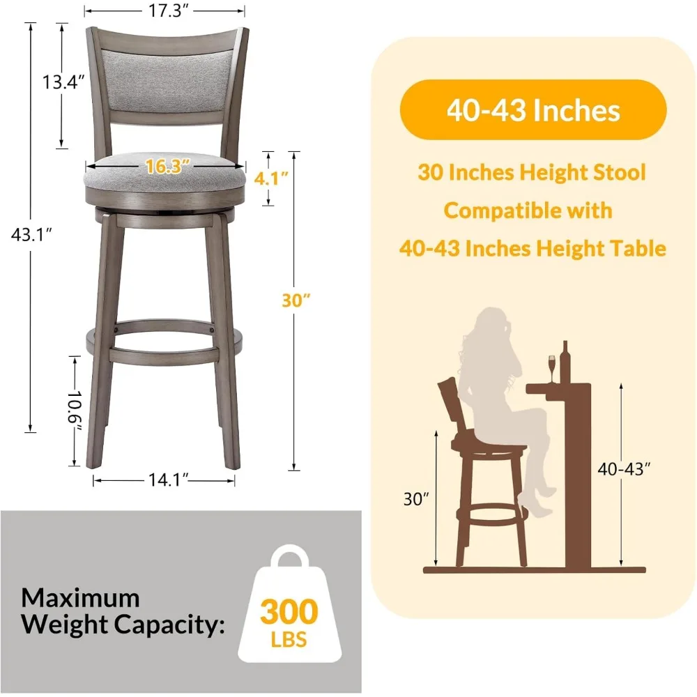 Swivel Bar Stools Set of 4, 30 Inch Bar Height Barstools, High Back Bar Stool with Solid Wood Legs & Wrap-Around