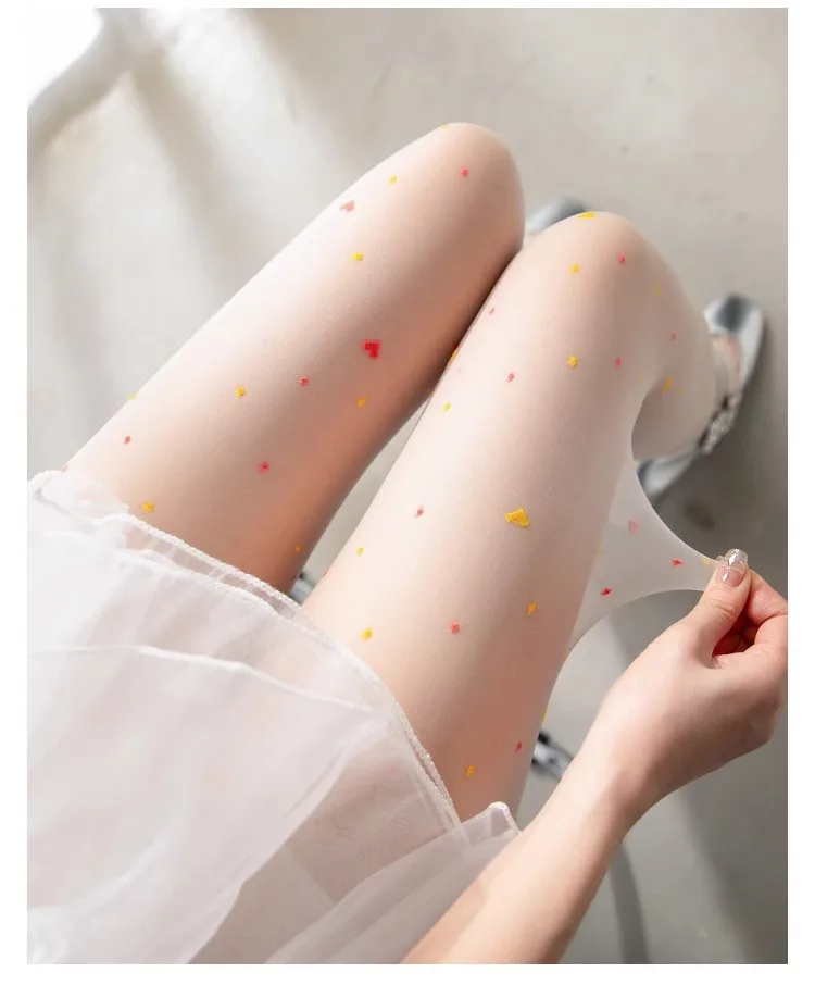 Frauen Ultra Dünne Strumpfhosen Sexy Strumpfhosen JK Strümpfe Bunte Süße Liebe Herz Polka Dots Drucken Transparent Beige Schwarz Leggings – Detail 15