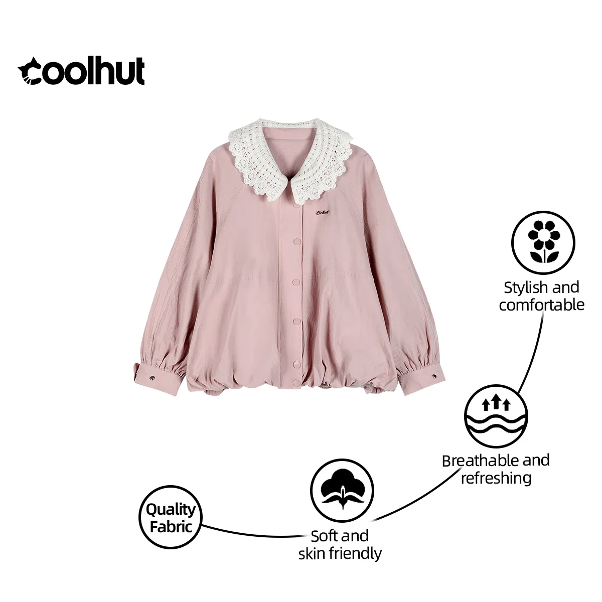 

COOLHUT женская куртка с кружевным воротником и цветочным принтом 2025, свежий молодежный дизайн с фонариковым подолом, винтажный стиль школьницы, осень, повседневный