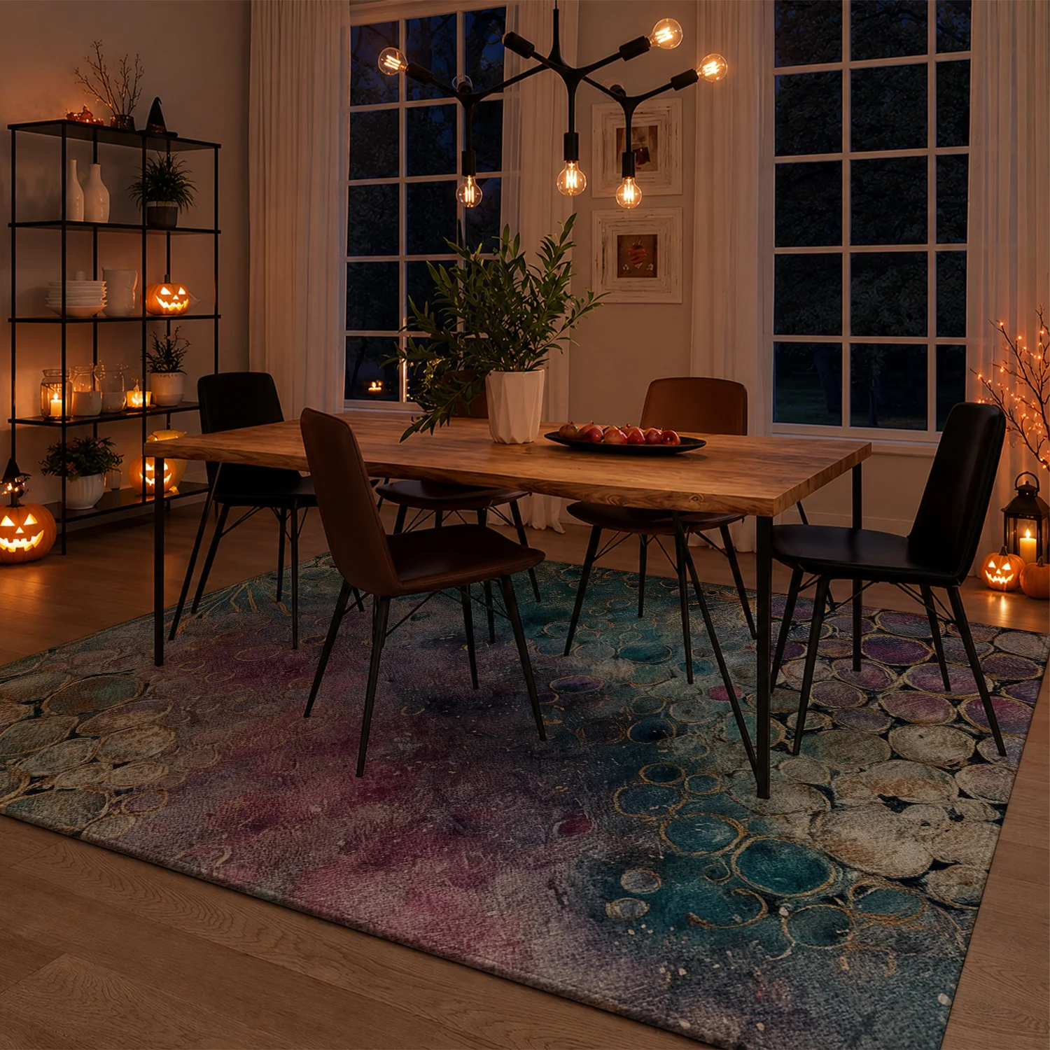 Large Indoor Area Rug, Soft Velvet Low Pile, Non-Slip Dotted Backing Machine Washable, Abstract Purple Teal Bubble Pattern Rug for Living Room Bedroom Home Decor