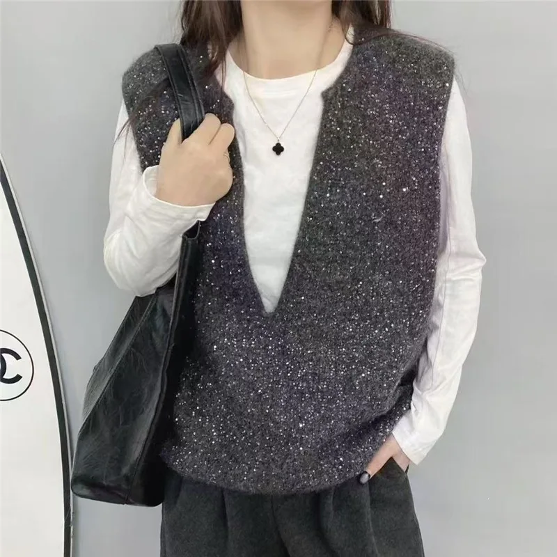 2026 V-neck Sequined Vest Large Size Women's Clothing Spring and Autumn Loose Sleeveless Top Knitwear Ladies Sweater Waistcoat