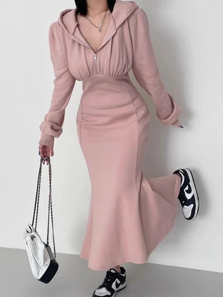 세련된 가을 겨울 두꺼운 긴 소매 후드 지퍼 슬리밍 여성 드레스 피쉬 테일 드레스 하이 웨이스트 한국 스타일 통근