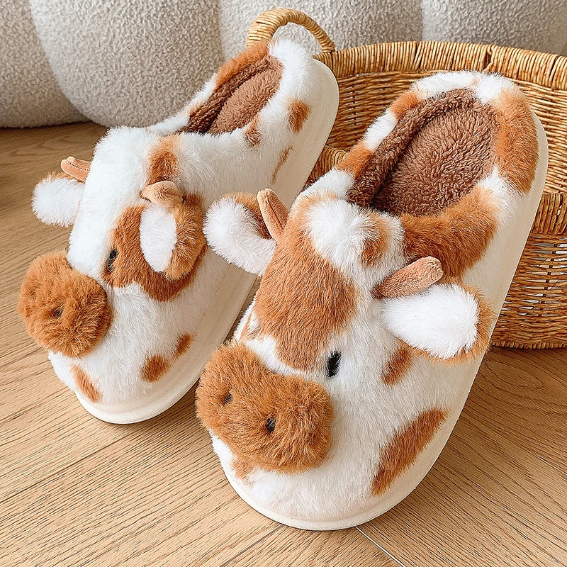 Winter Slippers Women Home Casual Fluffy Cute Cartoon Cow Designer Shoes Girl Flat Fuzzy Fur Slides Plush Platform Footwear Soft