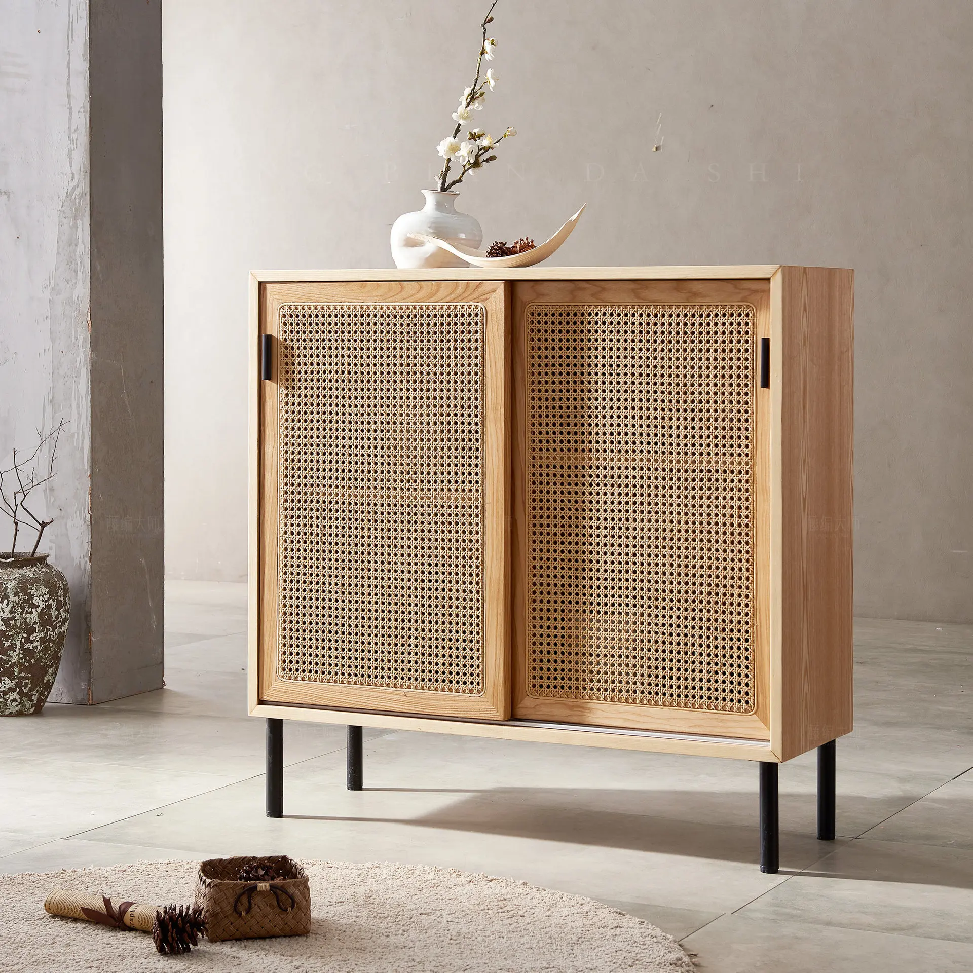

DSA rattan solid wood dining side cabinet living room tea cabinet bedroom multi-functional storage display cabinet