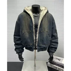 Autumn and winter new loose denim jacket, thick and warm retro design, hooded cotton jacket, fashionable men's or women's jacket