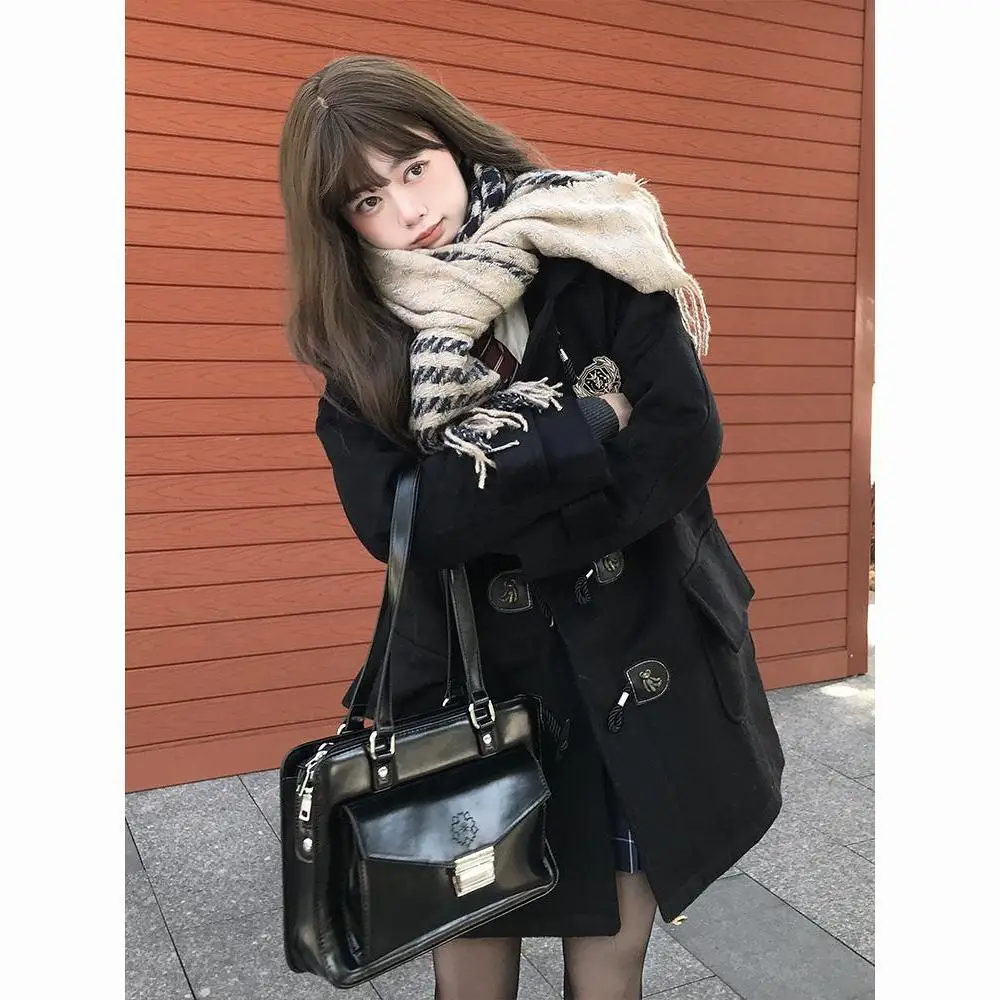 

Japan Hooded Black Winter Preppy Style Thickened Coat Winter Black Women'S Woolen Jk Uniform Mid-Length Coat