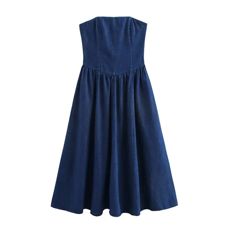 Tube Top Denim Skirt 2025 New Arrival Elegant High Waist Slim Long Sleeveless Backless Zipper Pure Color Dress Women's Summer