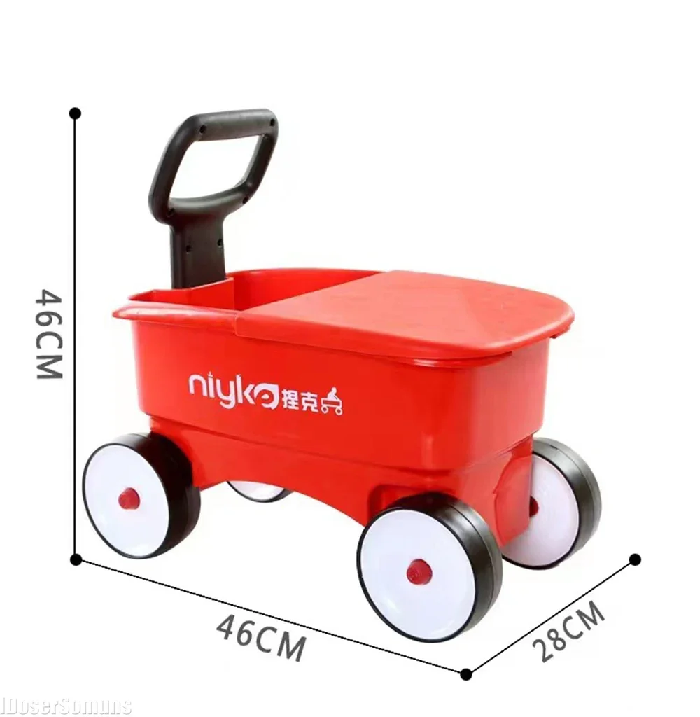 Cute Children's Pull Cart and Rideable Four-wheel Scooter Large Capacity Storage Box Red Plastic Storage Box Gift for Boys Girls