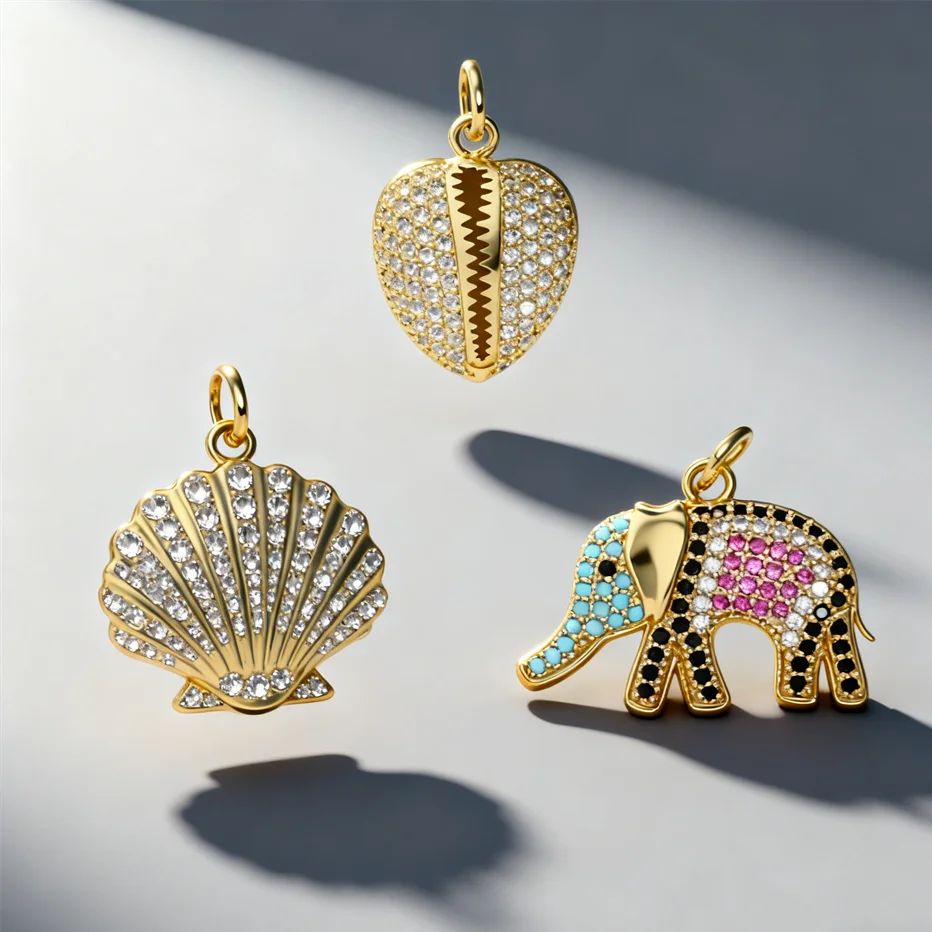 2 uds colgantes de latón Zirconia cúbica elefante Shell corazón dijes joyería DIY para Mujeres Hombres moda collar fabricación de pulseras