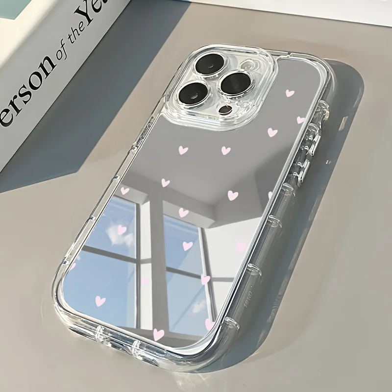 Coque de téléphone souple à motif cœur rose avec miroir de maquillage pour iPhone 17 16 15 14 13 12 11 Pro Max 17 Pro X XR XS 7 8 Plus SE2