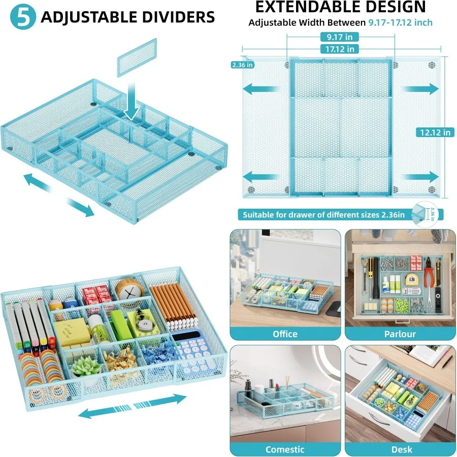 

Расширяемый органайзер для ящиков стола. Сетчатый органайзер для ящиков с 10 регулируемыми отделениями для эффективного хранения офисных принадлежностей.