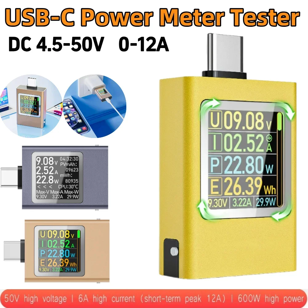 Type-C USB Power Meter Tester LCD Color Screen Display Multi-function Voltage Ammeter Real-Time Monitoring DC 4.5-50V 0-12A
