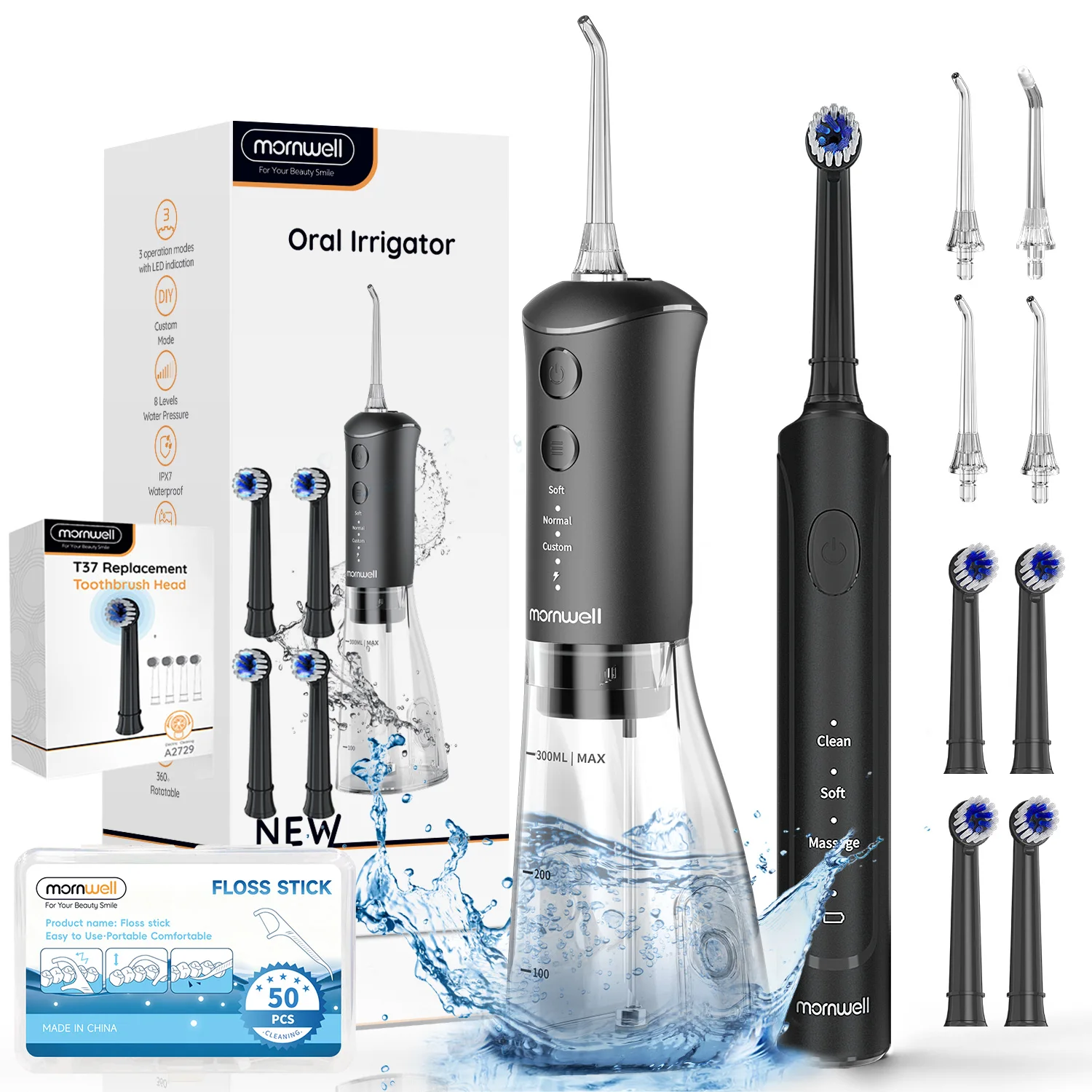 

Набор для ухода за полостью рта 2-в-1: ирригатор и электрическая зубная щетка, 3-скоростная звуковая электрическая зубная щетка, портативный ирригатор IPX7