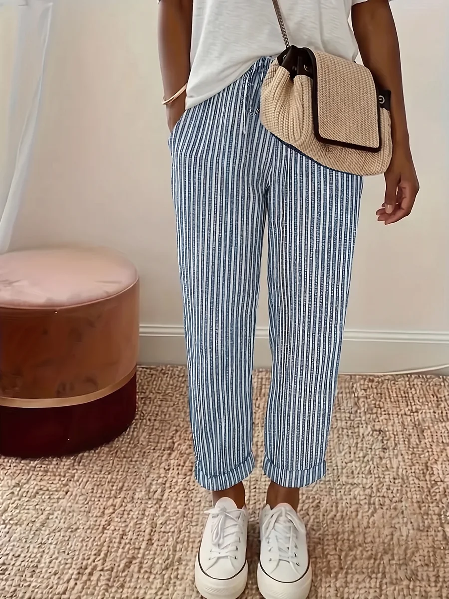 Übergröße Damen Gestreifte Hosen Lässige Weite Hosen mit Kordelzug Herbst Winter Mode Baggy Lange Hosen Hohe Taille Streetwear – Detail 3