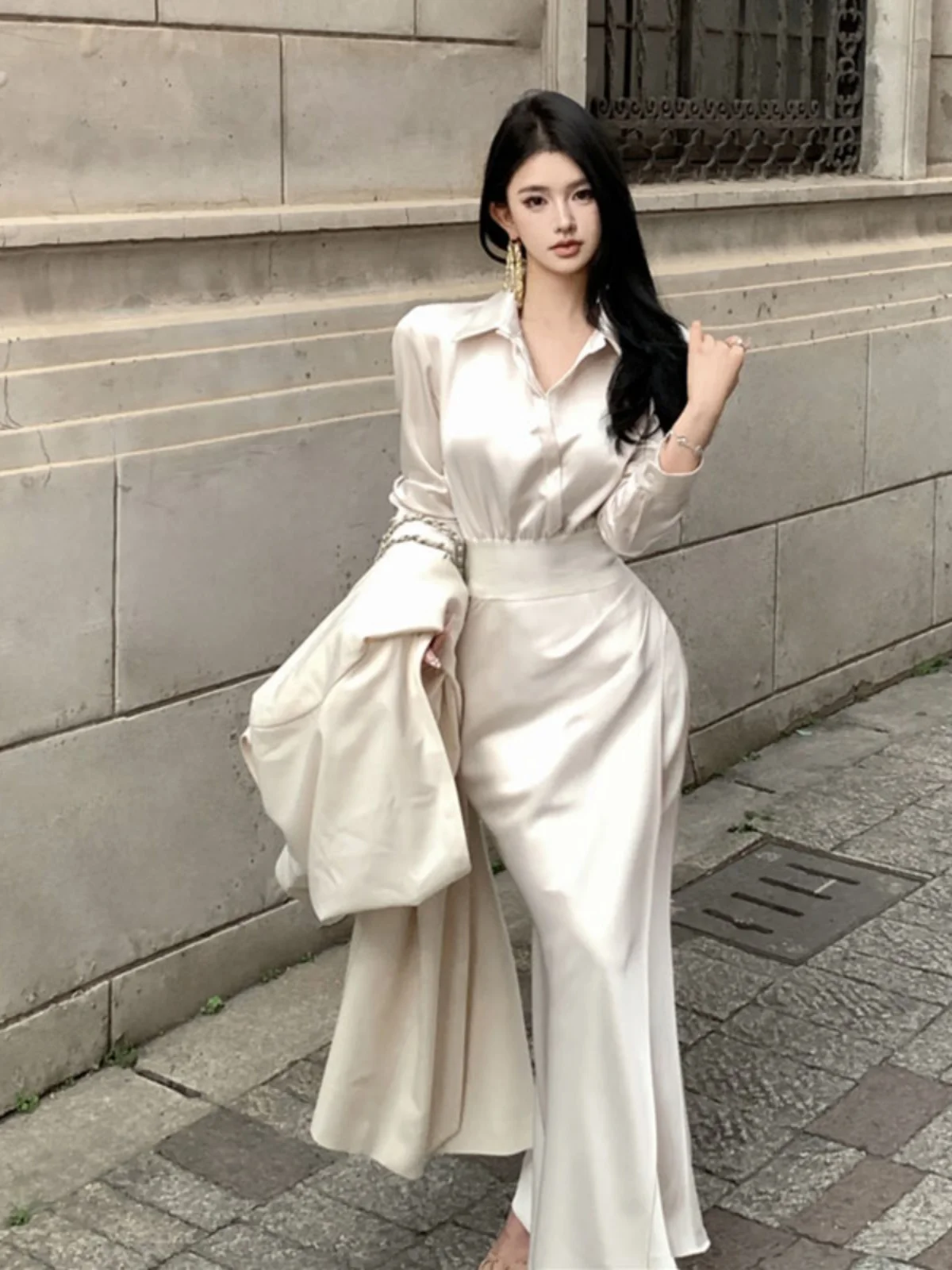 

Spring Faion High-End Women's Outfit Korean Sle Chic Two-Piece Set Long Sve Ne Cotton Dr And Blouse