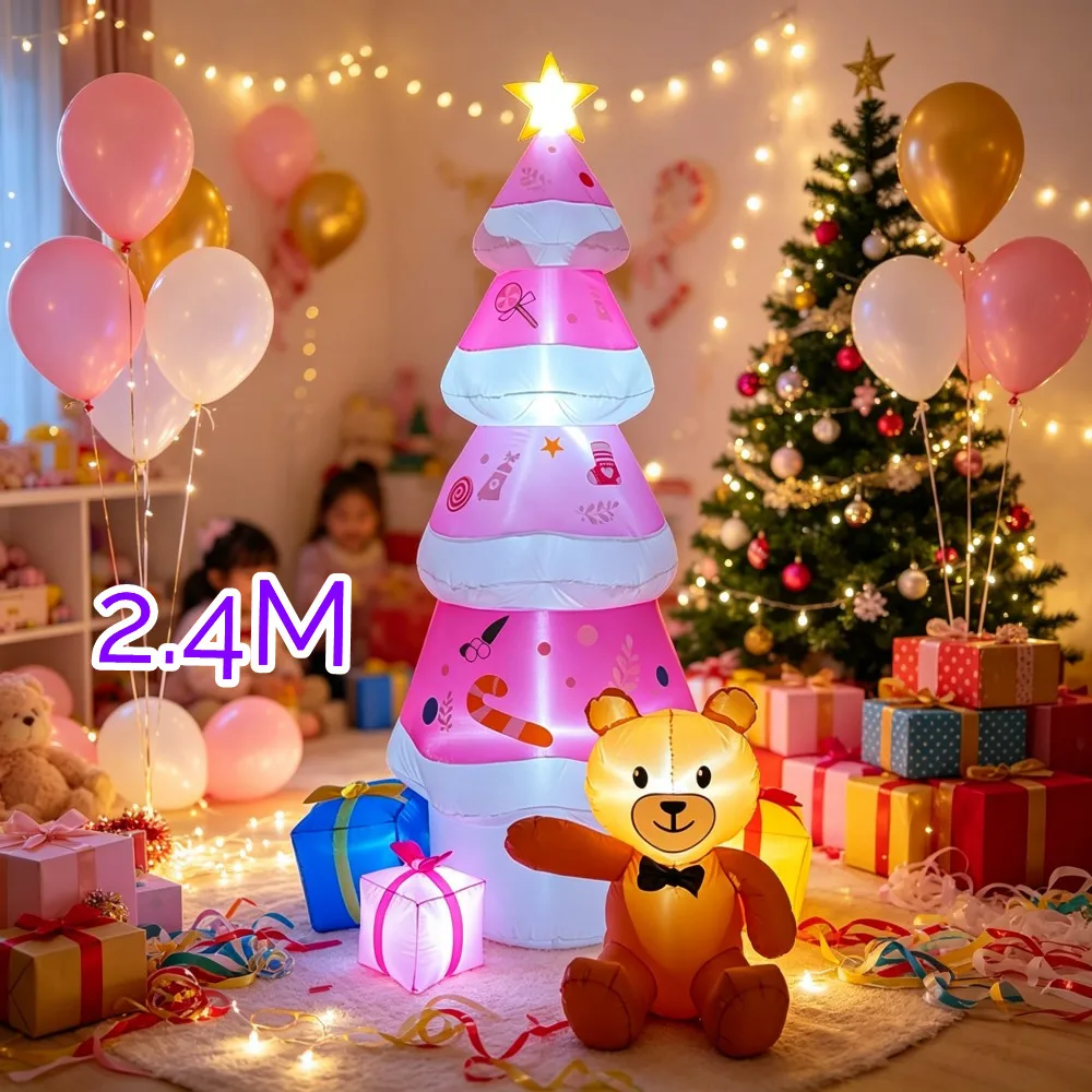 Christmas 2.4m Pink Inflatable Tree Teddy Bear And Luminous Gift Box With Built LED Lights Indoor And Outdoor Garden Decoration