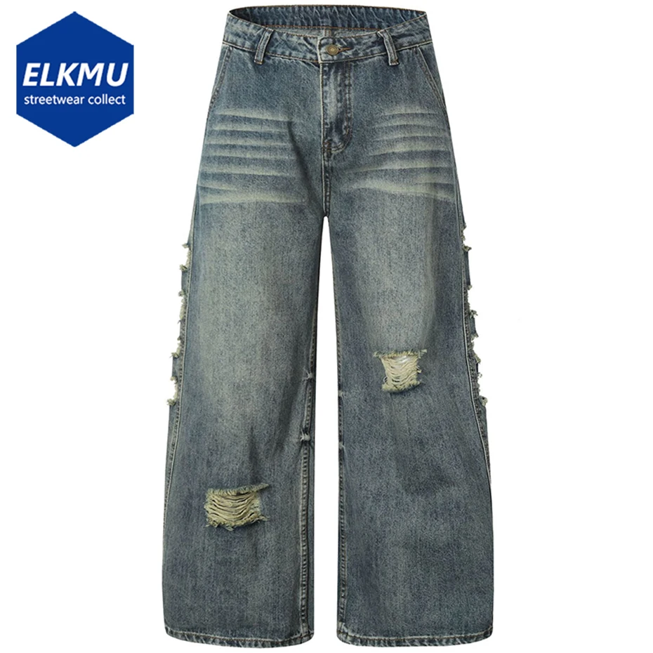 

Men Blue Vintage Baggy Jeans Ripped Loose Straight Denim Pants Streetwear Harajuku HIp Hop Jeans Trousers for Male