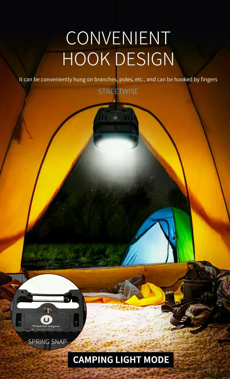 F2 Portable LED Spotlight Lantern Strong Light Flashlight Outdoor Camping Fishing Lamp Emergency Rechargeable Magnetic Work Lamp