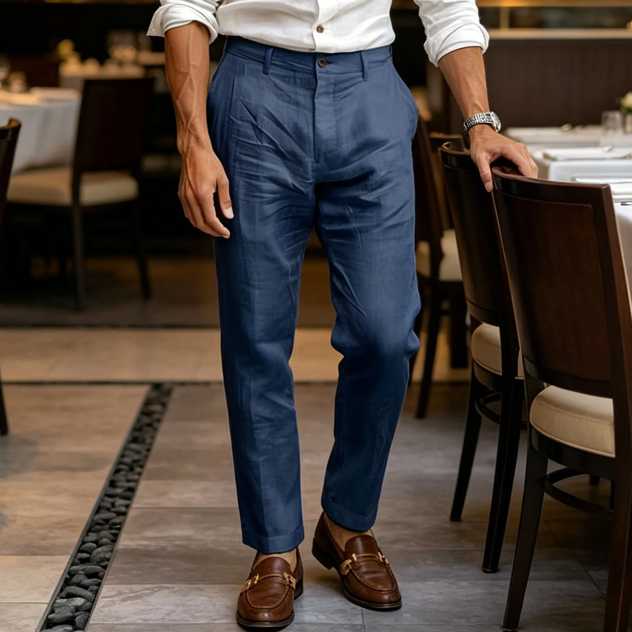 

Men's Khaki Linen Blend Pants Classic High Stretch Waist Ankle Trousers Breathable Lightweight Casual Cool For Summer Office Bea